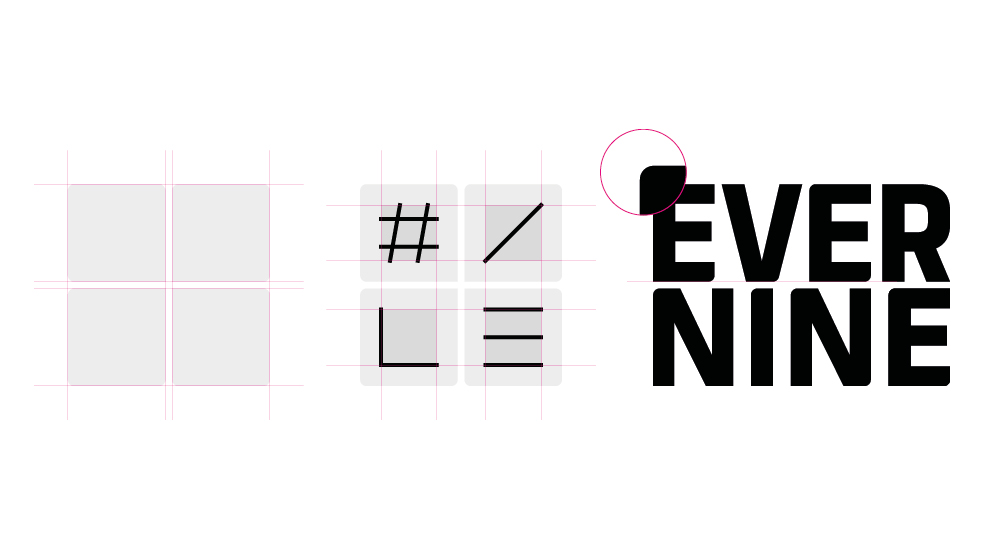 Evernine logo wireframe and design process exploration